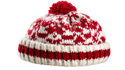 Knitted red and white winter hat isolated on transparent background.