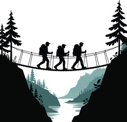 Hikers crossing a suspension bridge in a mountain landscape silhouette