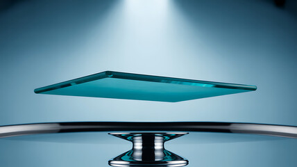 Abstract futuristic glowing blue rectangular object levitating over metallic stand