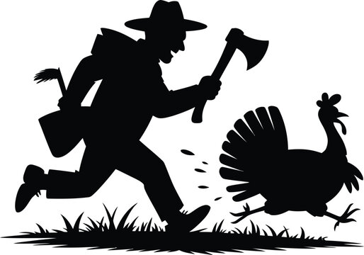 Man chasing a turkey silhouette for thanksgiving celebration