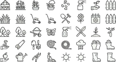 Essential gardening icons and tools for cultivation, growth, and outdoor maintenance projects