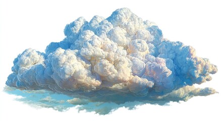 A large cumulus cloud, bright white and pale blue, isolated on a white background