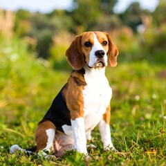 Beagle dog sits outdoors in grass