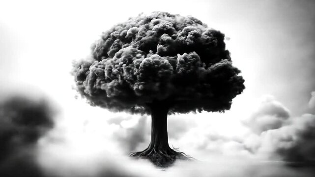 A powerful, symbolic image of a tree formed from dark smoke, representing devastation and destruction.