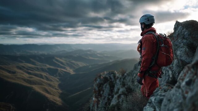 Base jumper preparing to leap from a towering cliff focused in medium shot with outoffocus dramatic sky and valley stretching below symbolizing daring adventure sports.