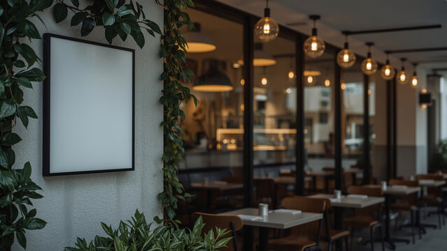 Cozy outdoor patio with yellow chairs, tables on brick wall background. String lights illuminate space on sunny day. Blank sign awaits customization for cafe eatery signage. Green plants add natural - Powered by Adobe