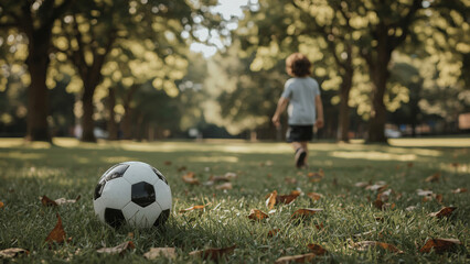 Naklejka premium Soccer ball on green grass field with children playing soccer in background during sunset light