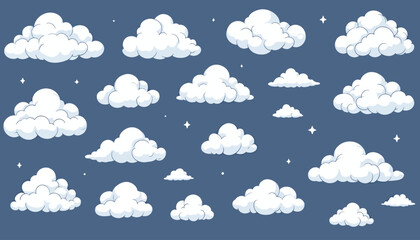 Collection of fluffy white cumulus clouds and twinkling stars scattered across a deep blue night sky background.