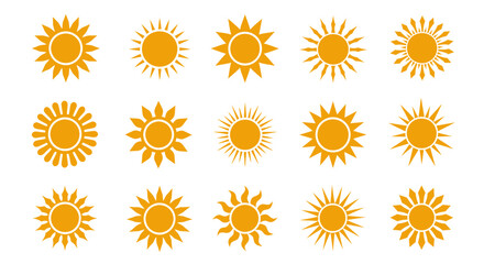 A collection of sun icons in various styles, radiating warmth and energy, perfect for adding a bright and cheerful touch to any design project on a clear sky.