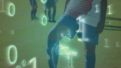 Teen soccer player pressing foot on ball, activating wireframe and binary digits for sports tech