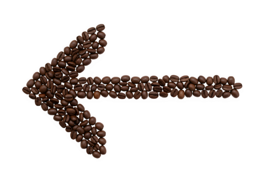 Minimal coffee bean arrow symbolizing energy, caffeine, motivation, and fresh morning wake-up. Modern trendy breakfast and refreshment concept.Isolated on white or transparent background. PNG format.