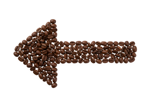 Minimal coffee bean arrow symbolizing energy, caffeine, motivation, and fresh morning wake-up. Modern trendy breakfast and refreshment concept.Isolated on white or transparent background. PNG format.