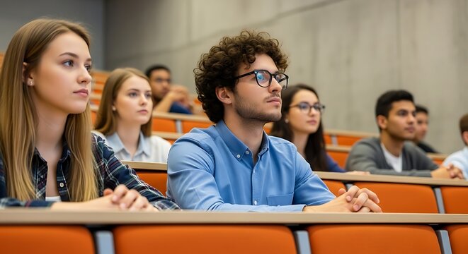 Diverse students attentively listening to a lecture in a modern university auditorium filled with natural light