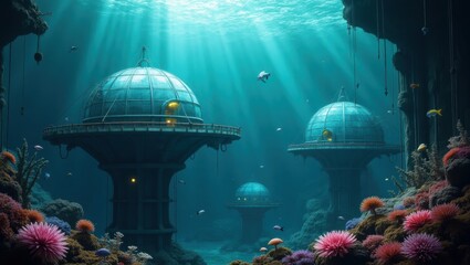 An underwater sci-fi base with metallic and glass structures is surrounded by large translucent bubble domes