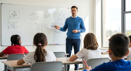 Obraz premium Engaging mathematics lesson with dedicated teacher and attentive students in bright classroom environment