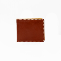Blank tan leather wallet isolated on white background, perfect for leather product catalog design