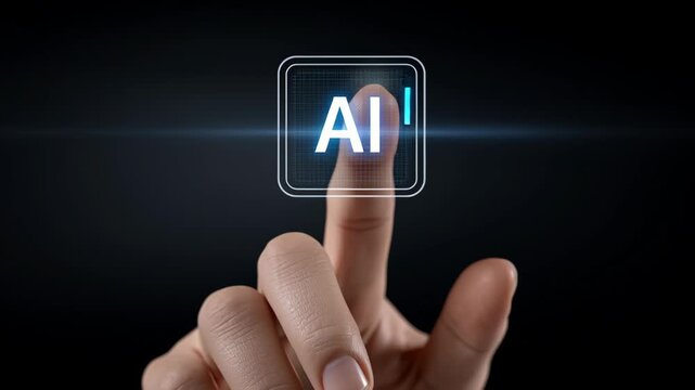 Artificial intelligence technology innovation with human finger touching glowing digital AI icon, futuristic interface and virtual button