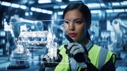 Female engineer in a factory interacting with a holographic 3D engine model using advanced augmented reality technology. - Powered by Adobe