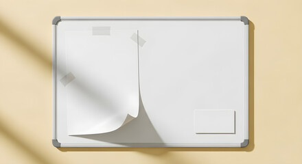 Whiteboard with taped paper sheet and blank card on a yellow wall empty