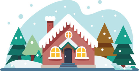 Winter house surrounded by snow-covered trees on a white background, evoking a serene, seasonal atmosphere.