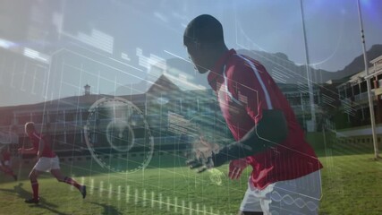 Data display fading in showing live stats as teammates sprinting on pitch for training analysis - Powered by Adobe