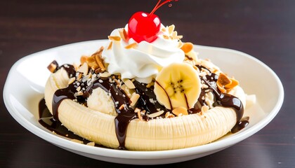 A delectable banana split dessert, artfully arranged on a white plate, showcases a symphony of flavors and textures.