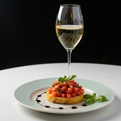  a light appetizer. A delicate plate holds a small pile of bruschetta topped with diced tomatoes, fresh basil, and a drizzle of balsamic glaze. A glass of sparkling white wine is placed beside it, wit