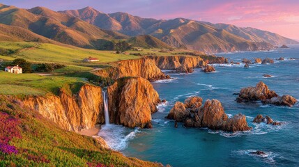 Coastal sunset view, waterfall cascading down cliffs to ocean, vibrant wildflowers