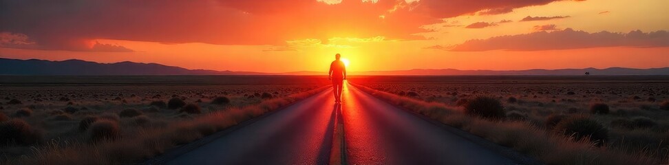 Fototapeta premium A solitary figure walks away down a long, empty road at sunset, leaving a feeling of isolation and solitude The vastness of the landscape emphasizes the separation , far, going