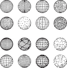 Set of 16 black and white globe grid illustrations featuring abstract spherical designs with latitude, longitude, and dot patterns