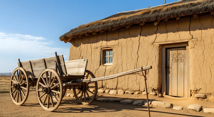 Obraz premium Rustic wooden cart and traditional mud hut under a bright blue sky, evoking a sense of history, rural life, and travel adventures