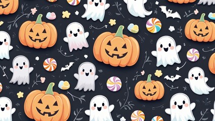 Fototapeta premium Halloween blackboard with doodles of pumpkins, ghosts, bats, and candy, pastel chalk style, kawaii and child-safe