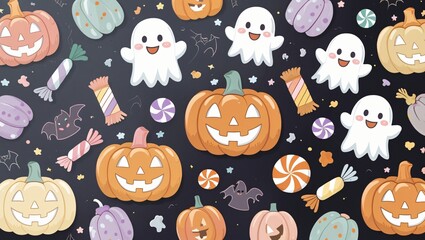Halloween blackboard with doodles of pumpkins, ghosts, bats, and candy, pastel chalk style, kawaii and child-safe