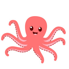 2d illustration cute cartoon octopus with pink body, round head, eight arms, big eyes, smiling expression, adorable underwater marine animal design.