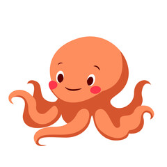 2d illustration cute cartoon octopus with orange pink body, big eyes, eight arms, smiling expression, playful underwater marine animal design.