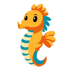 2d illustration cute cartoon seahorse with yellow body, blue fins, curly tail, adorable smiling face, colorful underwater marine animal illustration.
