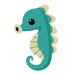2d illustration cute cartoon seahorse with turquoise body, yellow fins, curled tail, smiling face, colorful marine animal for children design.