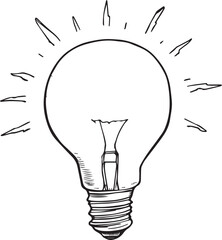 Black and white illustration of incandescent light bulb with visible filament and radiant lines symbolizing inspiration and ideas