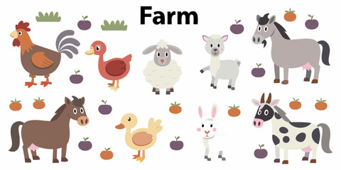 Fototapeta premium Collection of cute cartoon farm animals including rooster sheep horse duck cow rabbit and llama