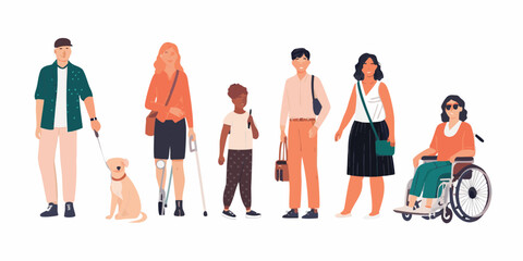 Obraz premium Diverse group of people with disabilities and a guide dog standing together