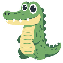 2d illustration cartoon crocodile with green body, smiling face. Perfect for jungle themes, children’s books, rural designs, nature, and playful concepts.

