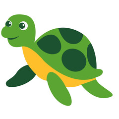 2d illustration cartoon turtle with yellow body and green shell, smiling. Perfect for nature themes, sea life, children’s books, or playful designs.
