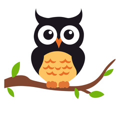 2d illustration cartoon owl perched on green branch, simple flat design with orange belly, ideal for educational books, nature themes, and kids illustrations.
