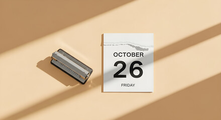 A metallic harmonica and a tear off calendar showing October 26 Friday on a beige  with light shadows