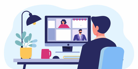 Man participating in a video conference call with colleagues from his home office desk