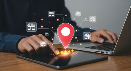 Franchise business online concept businessman using tablet with location pin and storefront icons