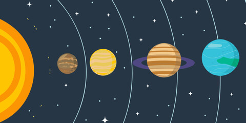 Stylized illustration of the solar system with the sun and planets orbiting in space