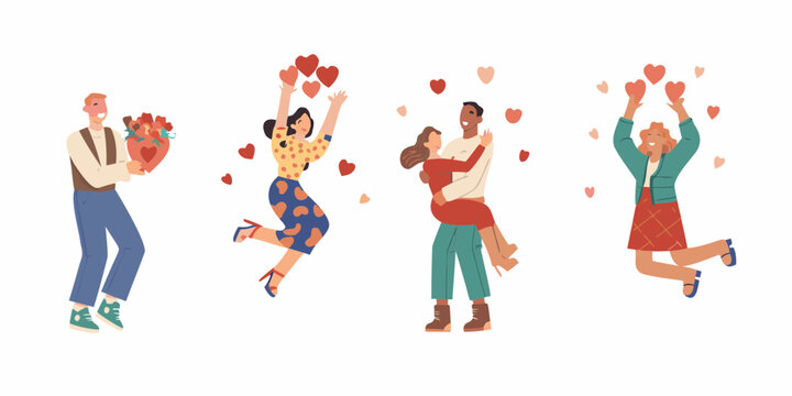 Diverse couples and individuals celebrating love and happiness with hearts and gifts