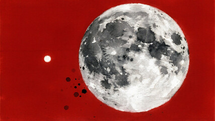 Obraz premium Red Moon Mysterious full moon glows brightly against a vibrant red cosmic backdrop with a distant celestial companion, evoking wonder and cosmic exploration.