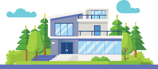 Modern house surrounded by trees and bushes, showcasing a blend of nature and contemporary architecture.